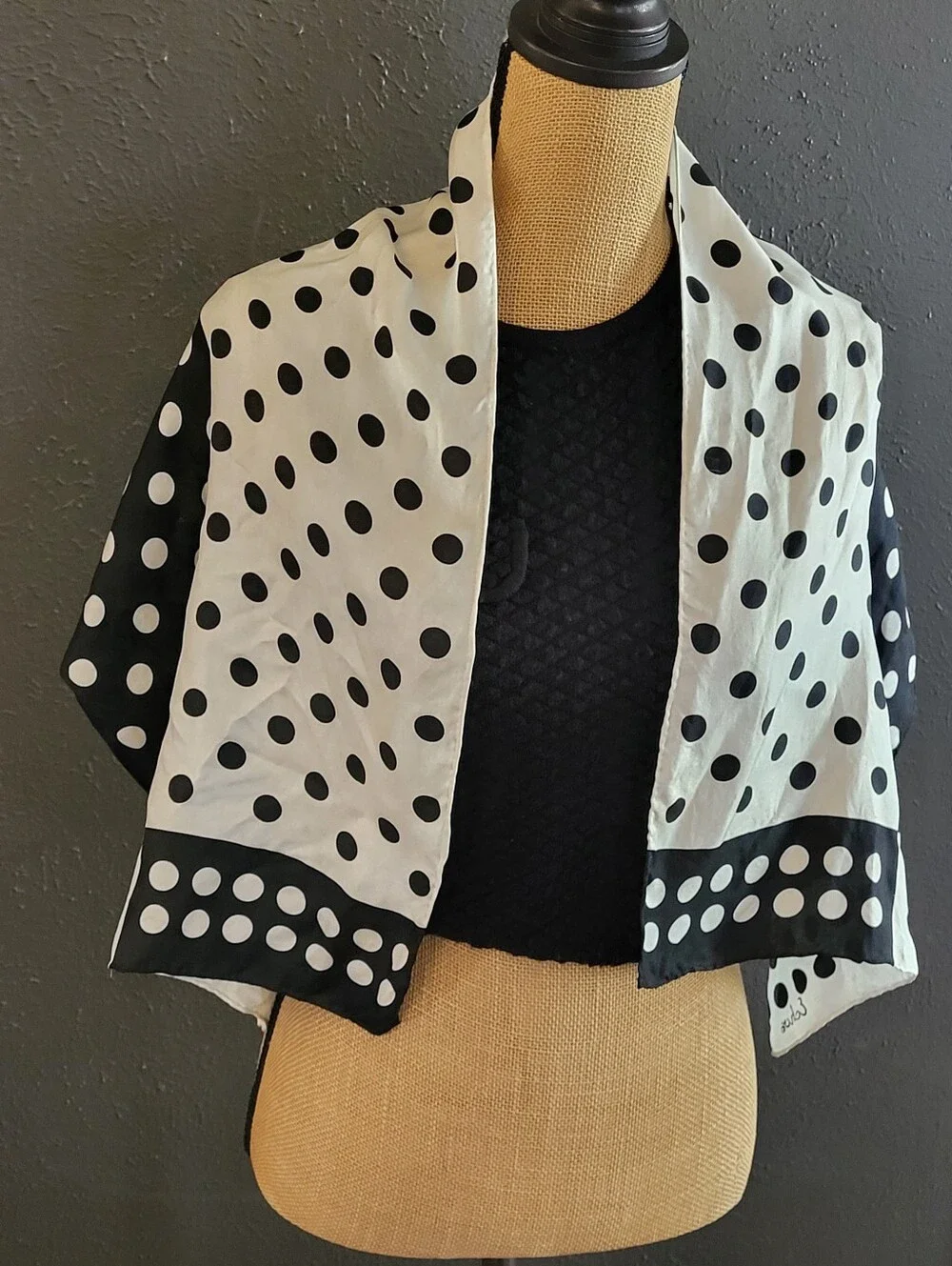 Echo 1970s Ivory/Black Colorblock Polkadot Rectangular Silk Scarf